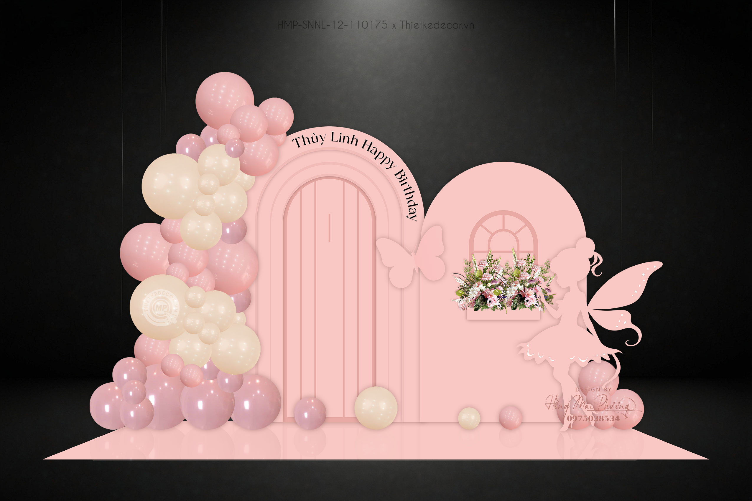 Backdrop sinh nhật tone hồng cam fairy